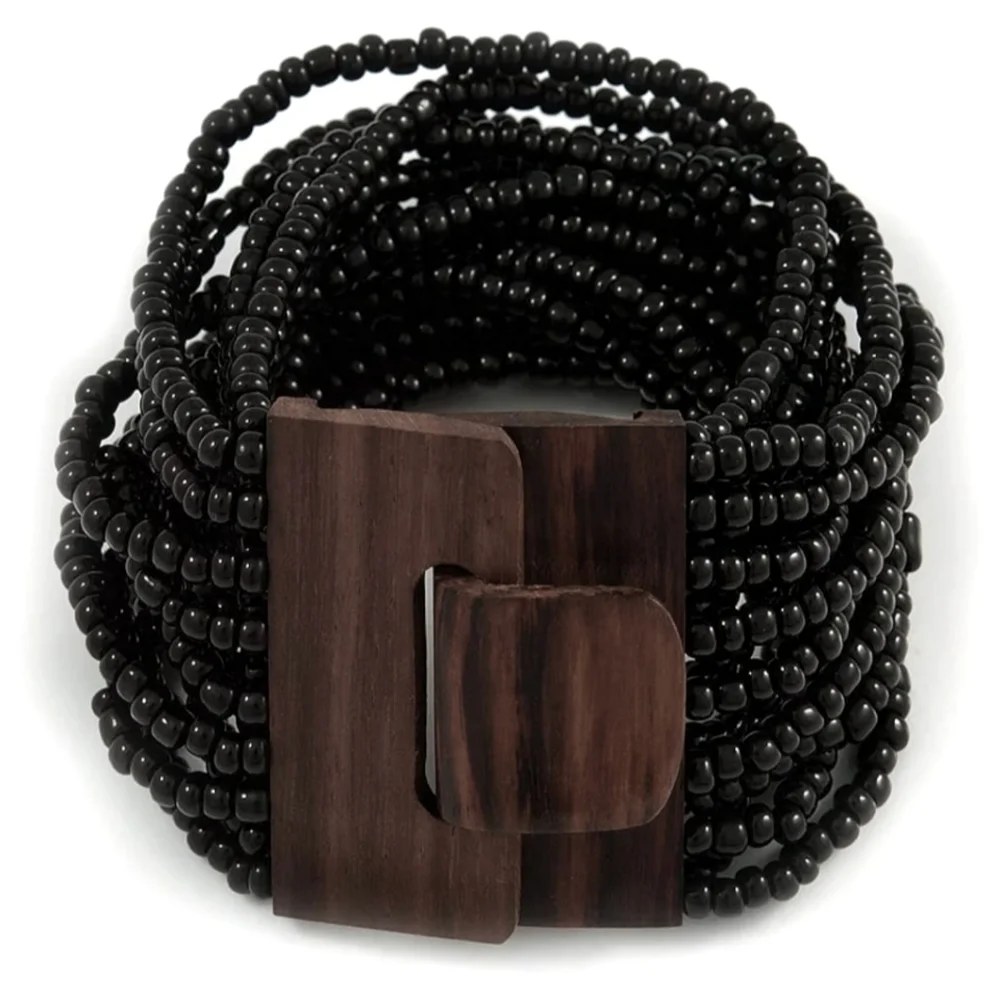 Black Glass Bead Multistrand Flex Bracelet With Wooden Closure